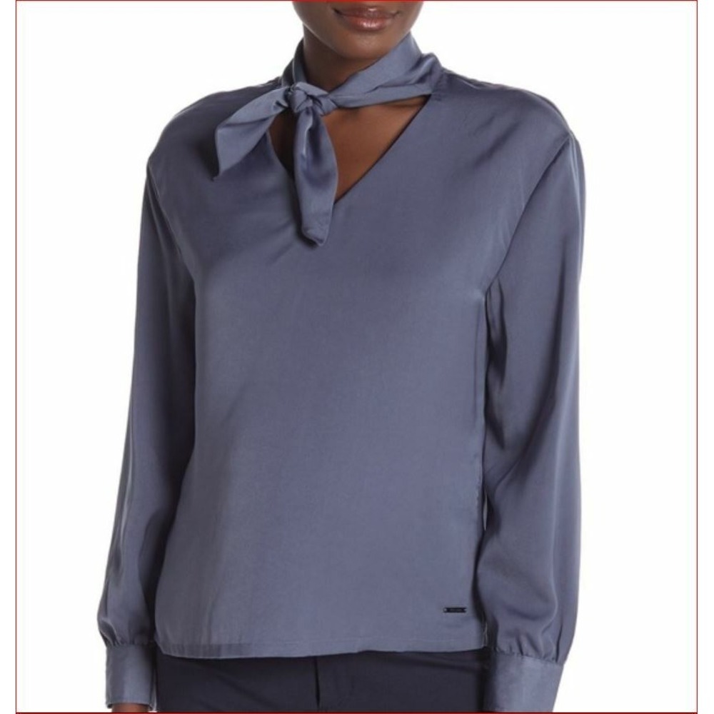 Tahari women blouse top shirt long sleeve TC18-1921 dusk grey blue sz S $88